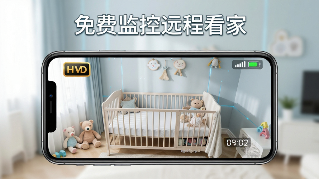 免费监控远程看家高清远程查看功能展示图,主体为一部手机竖屏显示监控画面,画面中为婴儿房场景,布局为手机屏幕占据画面中心,排版采用居中对称结构上方显示“免费监控远程看家”文字,风格为清新明亮科技风,细节包含高清标识、时间水印、电量图标、网络状态图标,画质高清干净无多余元素