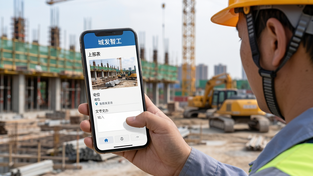 城发智工现场问题上报功能示意图,画面展示一名施工人员在工地用手机拍摄现场情况,手机屏幕显示上报表单包含照片、定位、文字输入框,背景为建筑工地实景,布局以人物操作手机为视觉中心,风格写实自然,细节强调操作便捷、界面友好,画质高清干净,无多余元素,画面中手机屏幕内文字“城发智工”清晰可见。