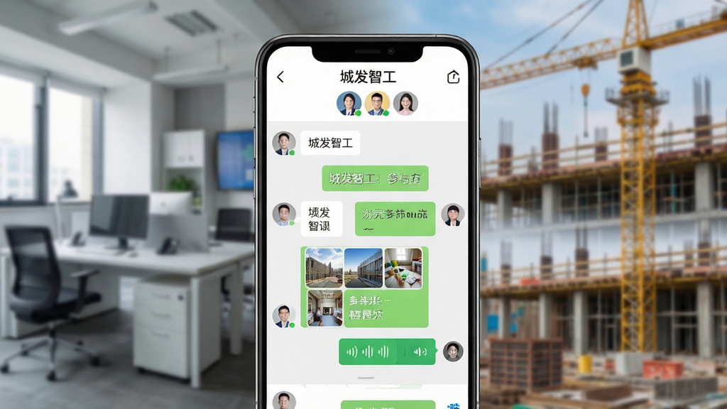 城发智工多方协同沟通界面展示图,画面中央为手机屏幕显示群组聊天界面,包含文字气泡、图片缩略图、语音条,屏幕上方显示项目名称与参与方头像,背景为办公室与工地交替的虚化场景,布局居中,风格现代简约,细节突出沟通流畅、界面整洁,画质高清干净,无多余元素,画面中文字“城发智工”出现在聊天窗口顶部。