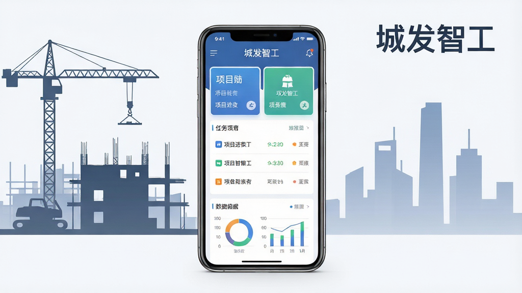 城发智工手机应用主界面展示图,画面中央一部智能手机竖屏放置,屏幕内显示城发智工APP首页,包含项目进度卡片、任务列表、数据图表等模块,背景为简洁的施工现场剪影与城市建筑轮廓,整体布局居中对称,风格偏向商务科技感,细节上突出界面清晰、图标精致,画质高清干净,无多余元素,画面中文字“城发智工”清晰可见。
