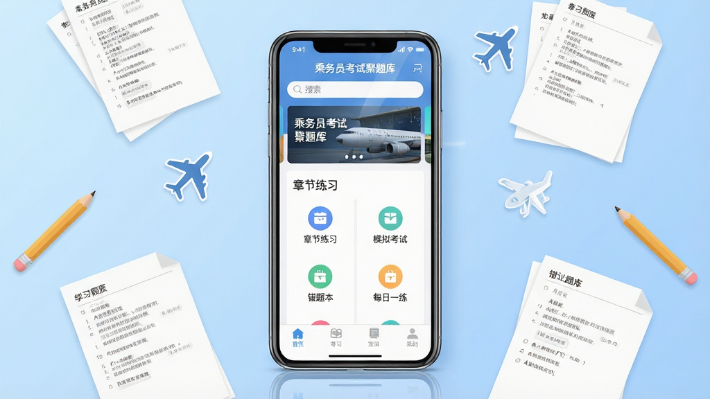 一款手机学习备考类应用的界面全貌展示,画面中央放置一部竖屏智能手机,手机屏幕内显示