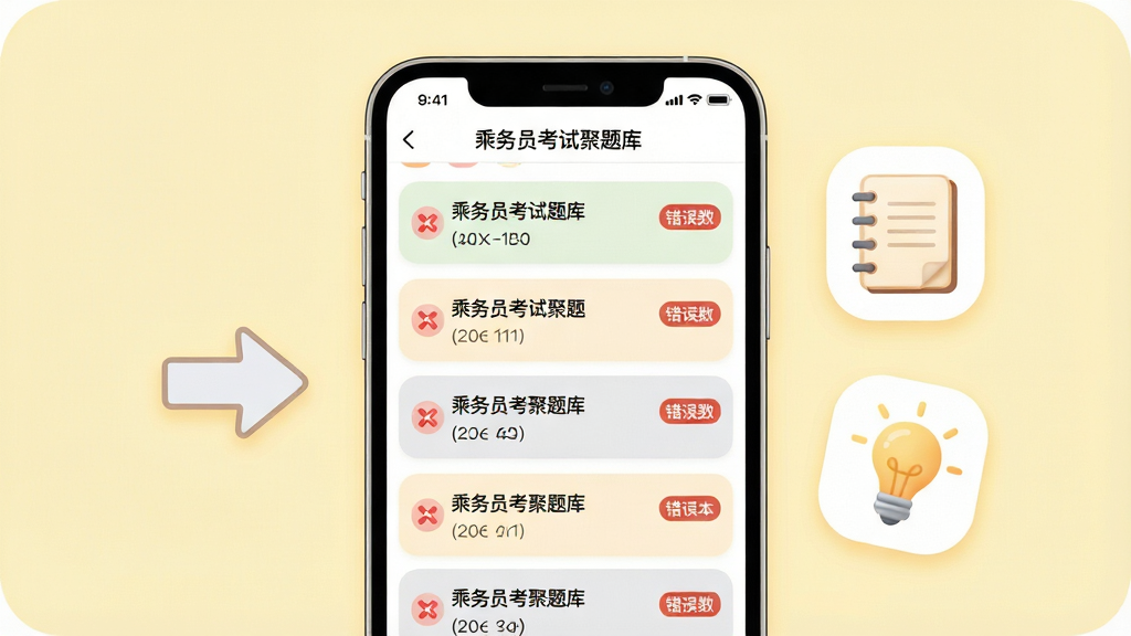 一张手机应用错题管理功能展示图,画面主体为一部智能手机,屏幕内展示