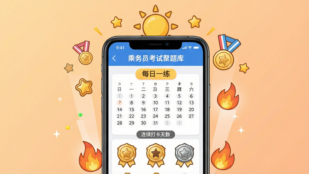 一张手机应用每日一练功能展示图,画面中央放置一部智能手机,屏幕内显示