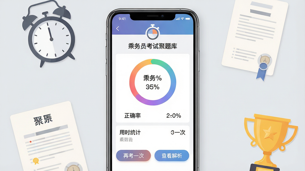 一张手机应用模拟考试功能展示图,画面中央放置一部智能手机,屏幕内显示