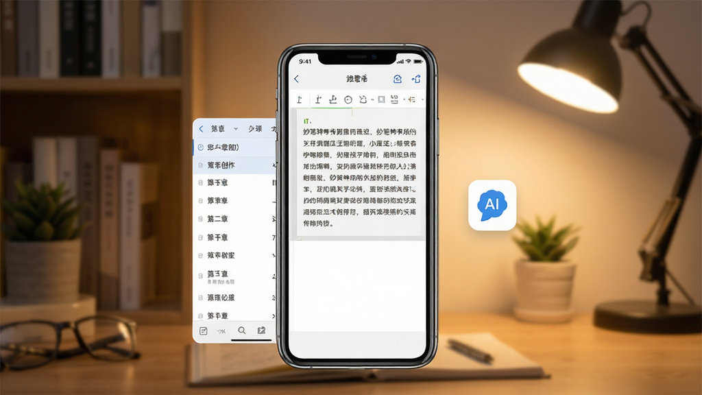 妙笔神书软件主界面展示,画面中央放置一部智能手机,屏幕上显示小说创作编辑界面,左侧是章节列表,中间是正文编辑区,右侧悬浮AI助手图标,背景是柔和的书房场景,暖色调灯光,整体风格简洁现代,排版干净,细节清晰,画质高清,无多余元素