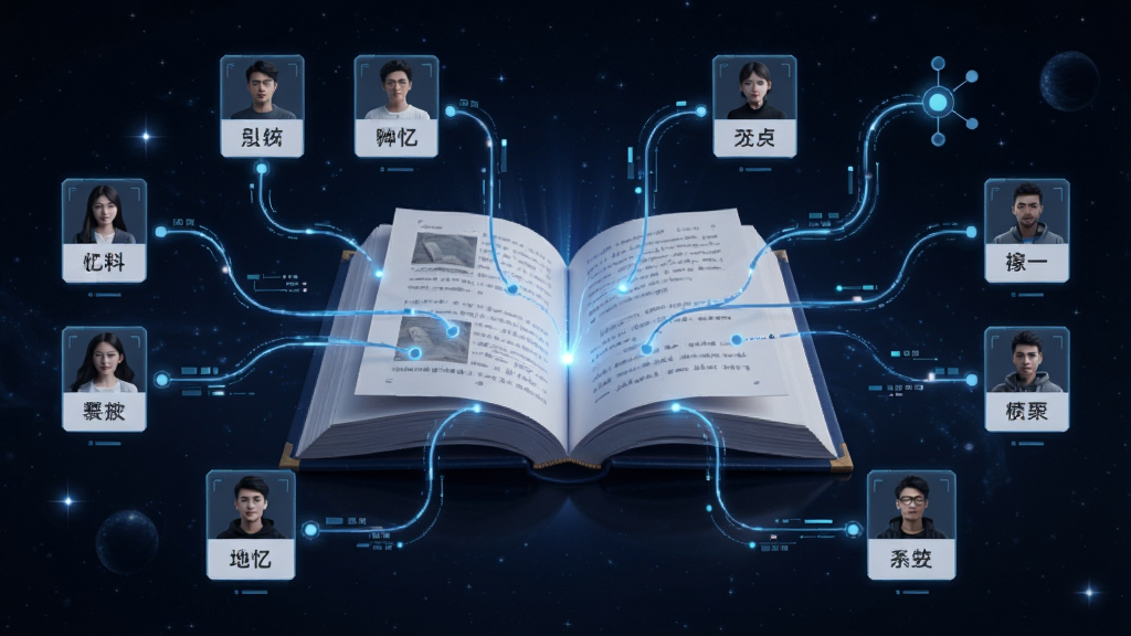 妙笔神书超长记忆功能概念图,画面中央是一本打开的巨大书籍,书页中延伸出多条发光的数据线连接着不同的人物卡片和剧情节点,每张卡片上写有文字,背景是深蓝色科技感星空,风格科幻简洁,排版有序,画质高清,干净无多余元素