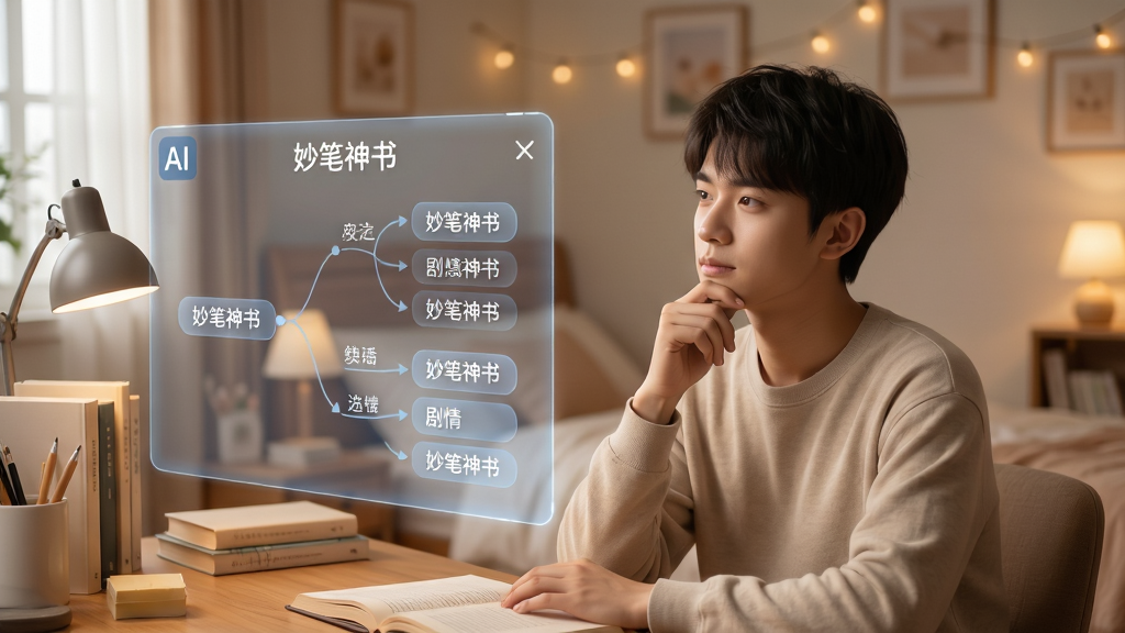 妙笔神书智能续写场景图,画面中一位年轻作者坐在书桌前,面前悬浮着半透明的AI对话面板,面板上显示“妙笔神书”字样和多个剧情分支选项,作者手托下巴思考,背景是温馨的卧室,风格写实柔和,排版清晰,画质高清,无多余元素
