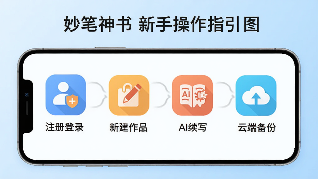 妙笔神书新手操作指引图,画面中一部手机横屏展示,屏幕上标注了“注册登录”“新建作品”“AI续写”“云端备份”四个步骤的图标和简要文字说明,背景是浅蓝色渐变,风格扁平化,排版从左到右依次排列,画质高清,干净整洁