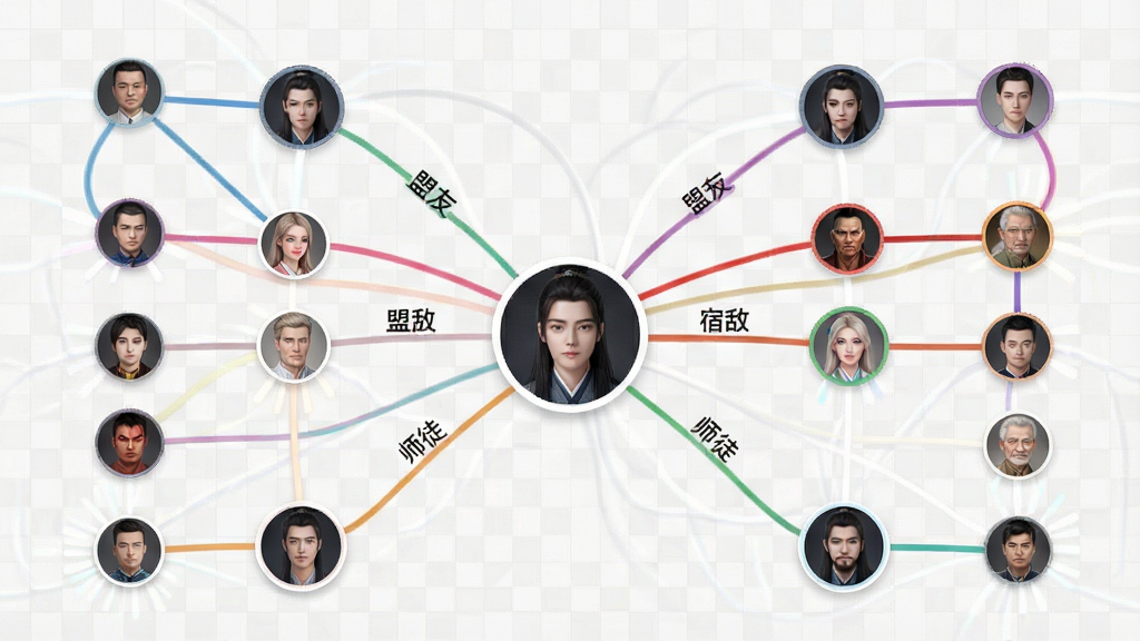 妙笔神书人物关系图谱界面,画面中央是圆形的人物头像节点,节点之间用彩色线条连接,线条上标注“盟友”“宿敌”“师徒”等关系标签,背景是浅灰色网格,风格清新简约,排版对称,画质高清,干净整洁