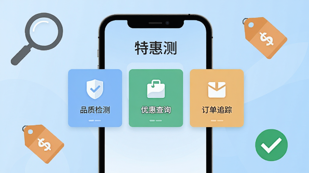 手机屏幕中央显示“特惠测”应用主界面,界面包含品质检测、优惠查询、订单追踪三个功能卡片,背景为浅蓝色渐变,手机周围散布放大镜、价格标签、对勾图标,风格简洁扁平化,细节清晰,画质干净,无多余元素