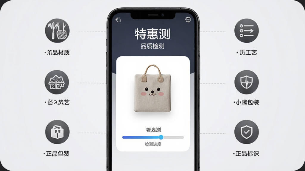 手机屏幕显示“特惠测”品质检测页面,画面中央是一件商品和检测进度条,四周环绕材质、工艺、包装、正品标识等图标,背景为浅灰色,风格商务简洁,细节清晰,画质干净,无多余元素