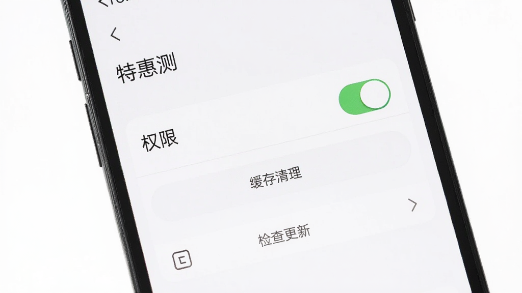 手机屏幕显示“特惠测”设置页面,画面中有权限开关、缓存清理按钮、检查更新选项,背景为白色,风格极简素雅,细节清晰,画质干净,无多余元素