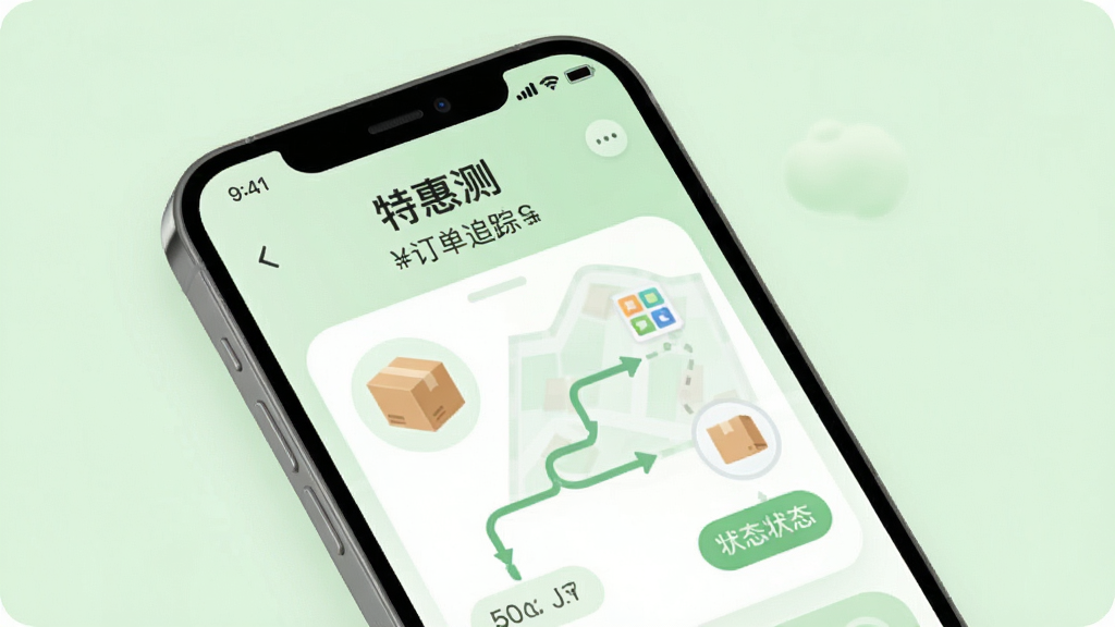 手机屏幕显示“特惠测”订单追踪页面,画面中有包裹图标、物流路线、状态标签,背景为浅绿色,风格柔和圆角,细节清晰,画质干净,无多余元素