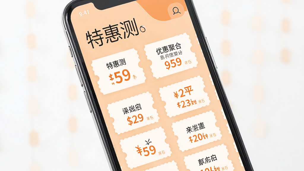 手机屏幕展示“特惠测”优惠聚合界面,画面中有多个价格标签和折扣券图标排列整齐,背景为淡橙色,风格清新明快,细节清晰,画质干净,无多余元素