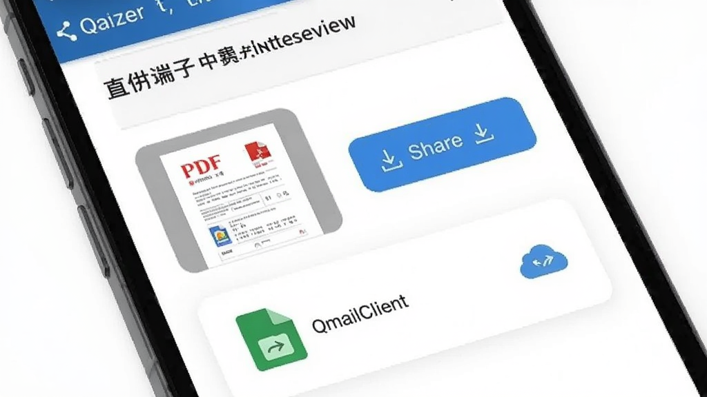 画面主体为手机屏幕展示邮件附件预览界面,屏幕中有一份PDF文档缩略图和分享按钮,旁边有
