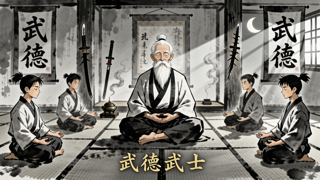 一位白须老者盘腿坐在道场中央,闭目养神,周围环绕着数名年轻武士正在打坐冥想。布局采用对称式构图,道场两侧悬挂着写有“武德”二字的竖幅书法。风格为宁静的日式水墨画风,细节包括榻榻米的纹理、木柱上的刀痕、窗外透入的月光、香炉升起的轻烟。画面中央地面用金色小字写着“武德武士”。画质柔和、干净、无多余元素。