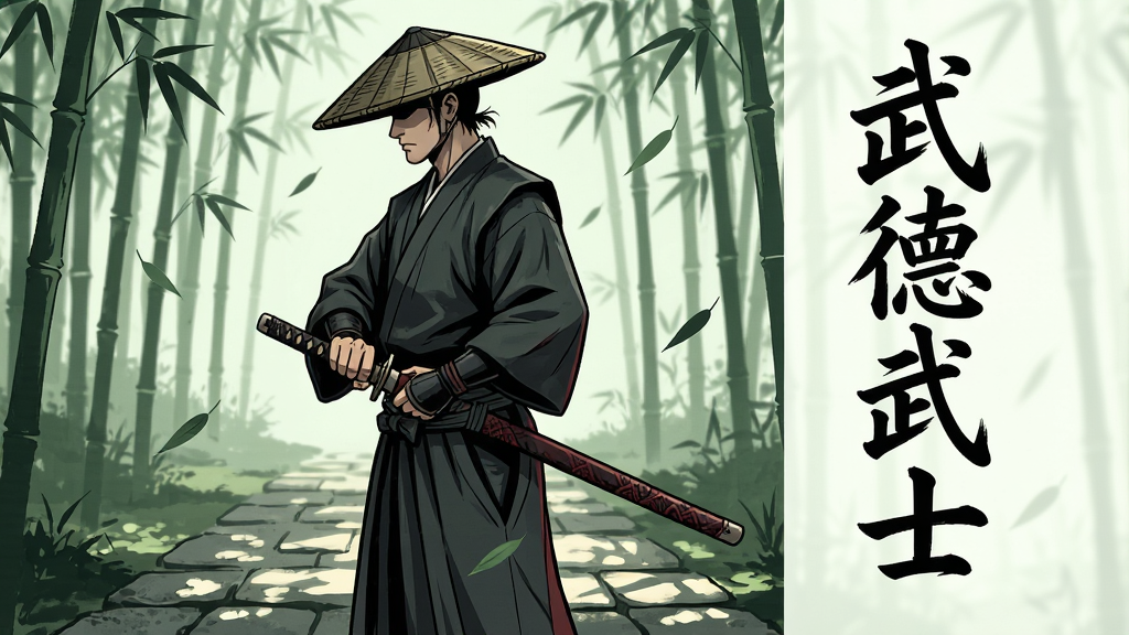 画面主体是一位身穿深色传统武士服、头戴斗笠的东方武士,侧身站立于竹林间的石板路上,手中紧握一把未出鞘的武士刀。布局采用居中构图,人物占据画面中心偏左位置,右侧留白处用竖排毛笔字体写着“武德武士”四个大字。排版为竖版手机壁纸比例,风格为写意水墨与现代赛璐璐结合,细节包括飘落的竹叶、武士衣角的褶皱、刀鞘上的纹理、地面斑驳的光影。画质要求高清、干净、无多余元素,色彩以墨绿、深灰、暗红为主,整体氛围肃穆而沉稳。