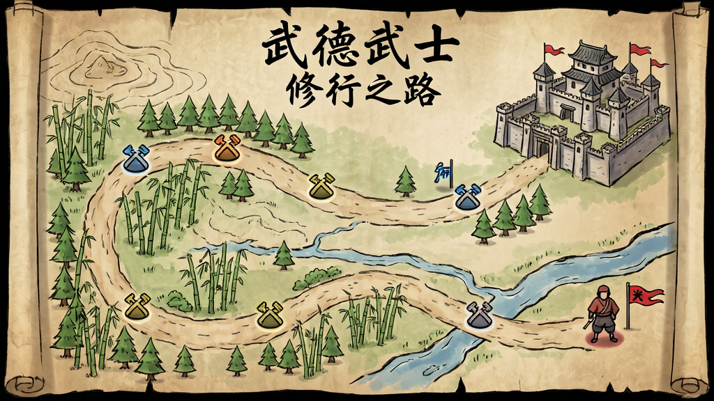 俯瞰视角的关卡地图,一条蜿蜒的山路从竹林道场延伸至远处的城堡,沿途标注着战斗节点、补给点与首领位置。布局为纵向卷轴式,风格为羊皮纸手绘地图,细节包括等高线、树木图标、河流、城门、旗帜。地图上方用毛笔字体写着“武德武士”与“修行之路”。画质清晰、干净、无多余元素。