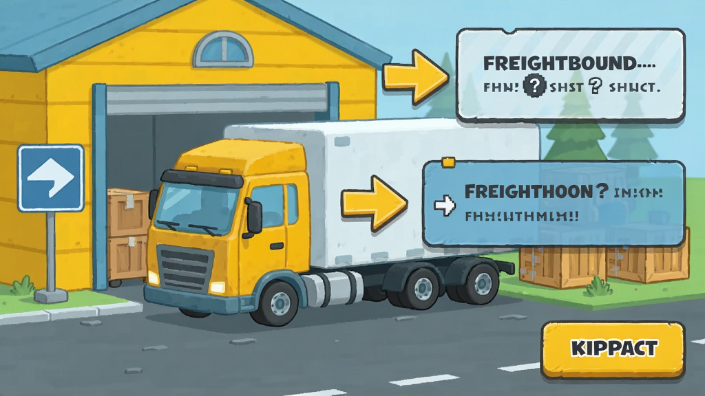 Freightbound游戏中的新手引导界面,画面展示一辆卡车停在仓库门口,屏幕上有箭头指示与文字提示框,风格为卡通扁平化教学插画,色彩以明黄与浅蓝为主,细节包含路标、货物箱与操作按钮,画质清晰干净,无多余元素