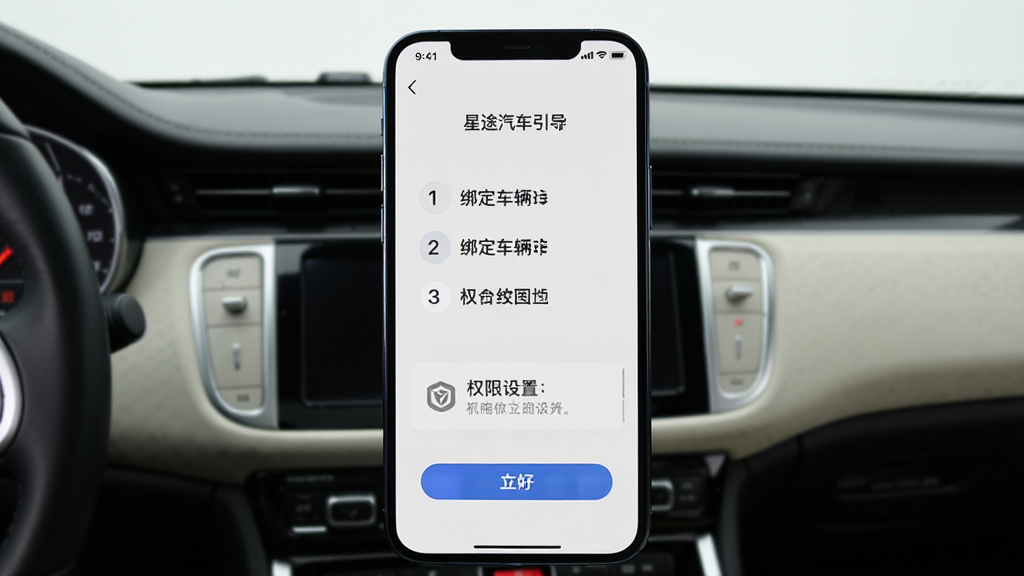 星途汽车App新手引导界面截图,手机屏幕显示绑定车辆步骤和权限设置提示,背景为汽车中控台,主体为手机屏幕,布局为手机居中,风格为简洁教程风,细节包括步骤序号、按钮高亮、文字清晰,画质高清,干净无多余元素
