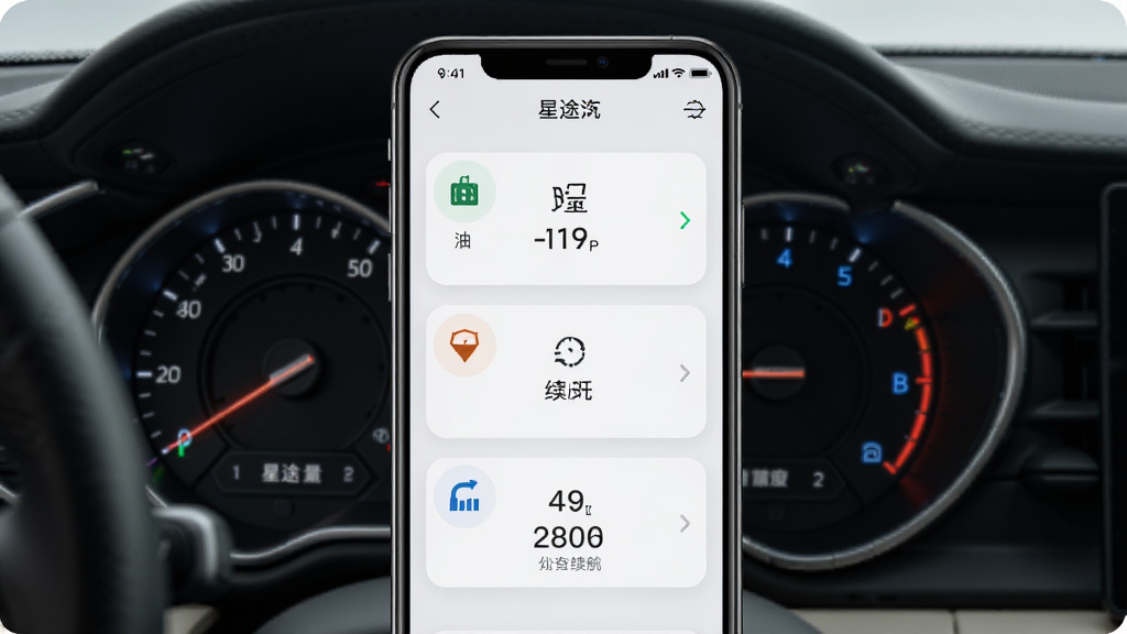 星途汽车App车辆状态监测界面截图,屏幕显示油量、胎压、续航等数据仪表盘,背景为汽车仪表盘特写,主体为手机屏幕,布局为手机居中,风格为数据可视化科技风,细节包括数字清晰、图标精致、光影层次,画质超清,干净无多余元素
