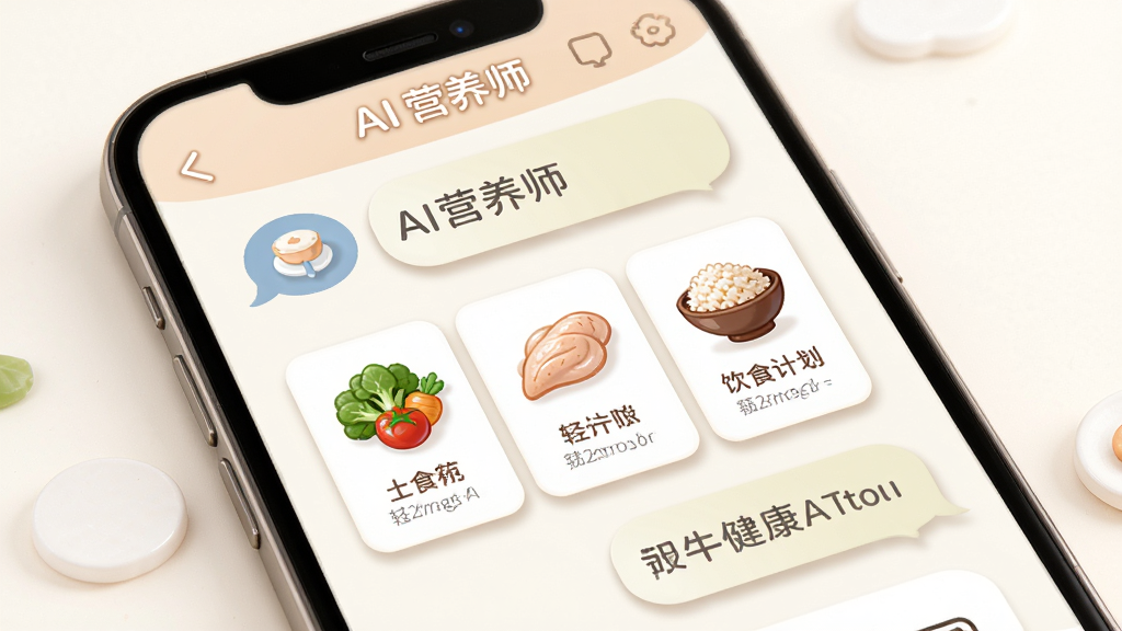 轻牛健康APP AI营养师界面,画面中央为手机屏幕,屏幕内显示AI营养师对话框与推荐的饮食计划卡片,卡片上有蔬菜、鸡胸肉、糙米饭等食物图标,布局采用聊天式排版,风格为温暖亲和风,细节上对话气泡有柔和阴影,背景为干净的米白色,画质高清,干净,无多余元素。