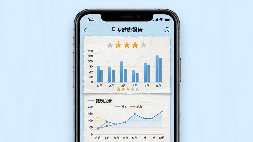 轻牛健康APP健康报告界面,画面中央为手机屏幕,屏幕内展示月度健康报告图表与评级星级,图表有柱状图和折线图,布局采用上下结构排版,风格为专业报告风,细节上报告有纸张纹理感,背景为干净的淡蓝色,画质高清,干净,无多余元素。