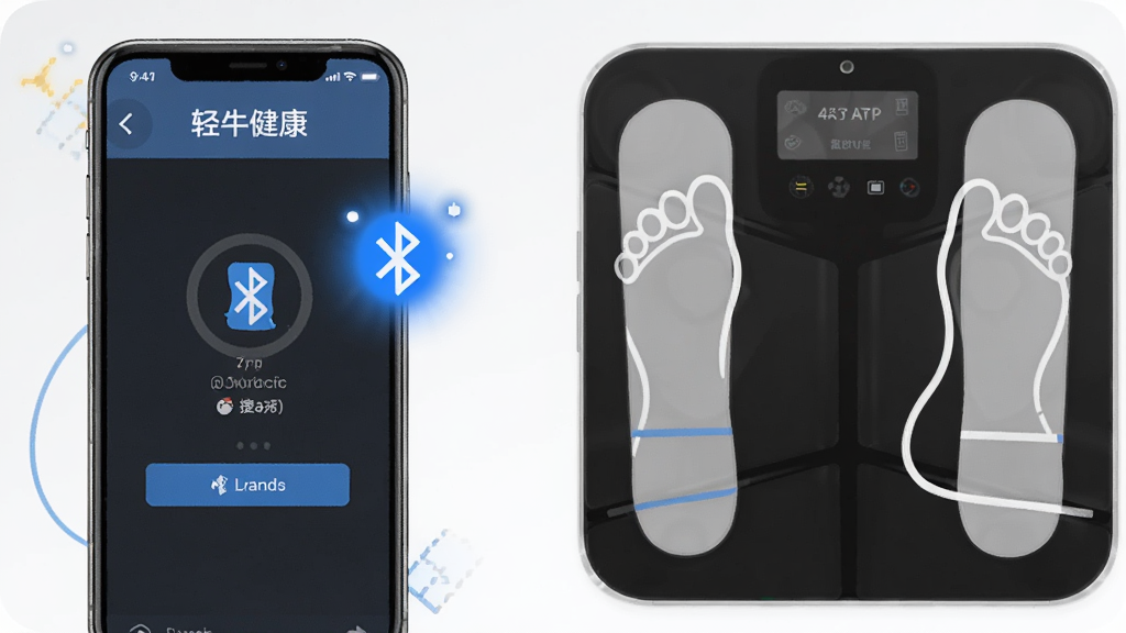 轻牛健康APP连接体脂秤操作示意图,画面主体为手机屏幕与体脂秤,屏幕内显示蓝牙搜索界面,体脂秤上有脚部轮廓示意,布局采用左右对比排版,风格为教程图解风,细节上蓝牙图标有闪烁效果,背景为干净的浅色,画质高清,干净,无多余元素。