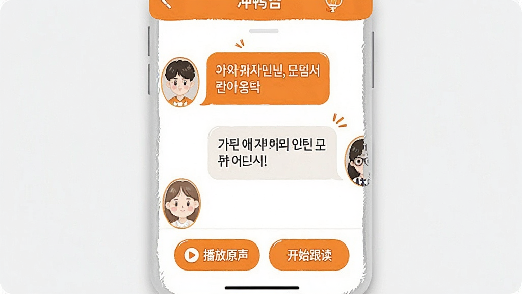 一张展示冲鸭韩语APP情景对话界面的图片,屏幕中显示两个人物头像和对话气泡,气泡内是韩文对话,底部有“播放原声”和“开始跟读”按钮,界面风格活泼,主色调为橙色和白色,画质清晰,干净无多余元素