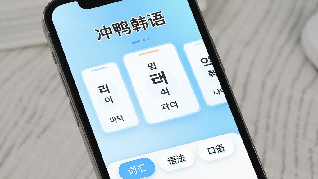 一张展示手机屏幕的图片,屏幕中显示冲鸭韩语APP的首页界面,界面顶部有“冲鸭韩语”四个字,中间是韩语字母学习卡片,底部有词汇、语法、口语等导航按钮,背景是浅蓝色渐变,风格清新简洁,画质清晰,干净无多余元素