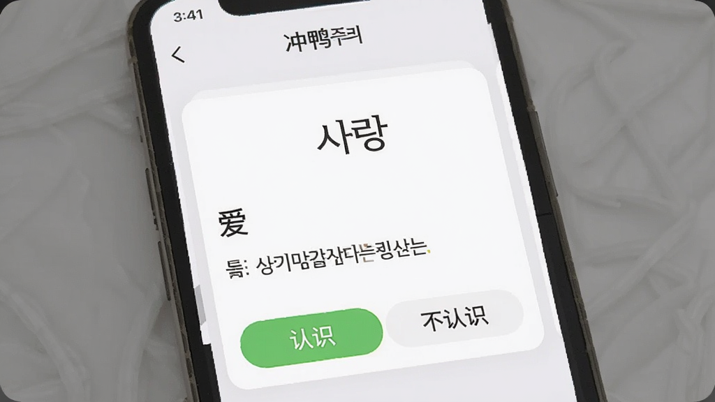 一张展示冲鸭韩语APP词汇学习界面的图片,屏幕中显示单词卡片“”,下方有中文释义“爱”和例句,旁边有“认识”和“不认识”两个按钮,背景为浅灰色,风格简约,画质清晰,干净无多余元素