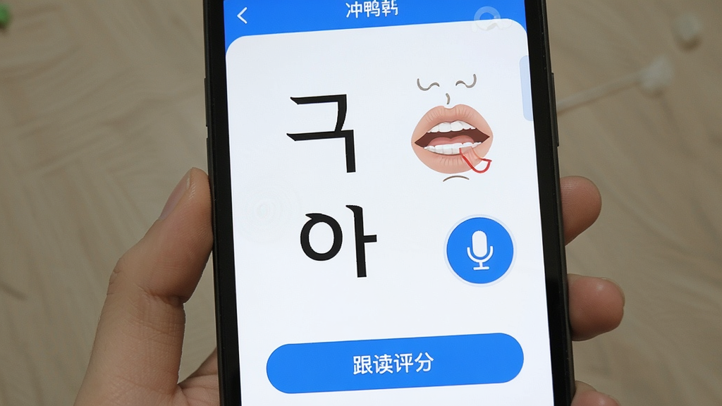 一张展示冲鸭韩语APP发音学习界面的图片,屏幕中央显示韩语字母“”和“”,旁边有发音口型示意图和麦克风图标,底部有“跟读评分”按钮,界面风格清爽,主色调为蓝白,画质清晰,干净无多余元素