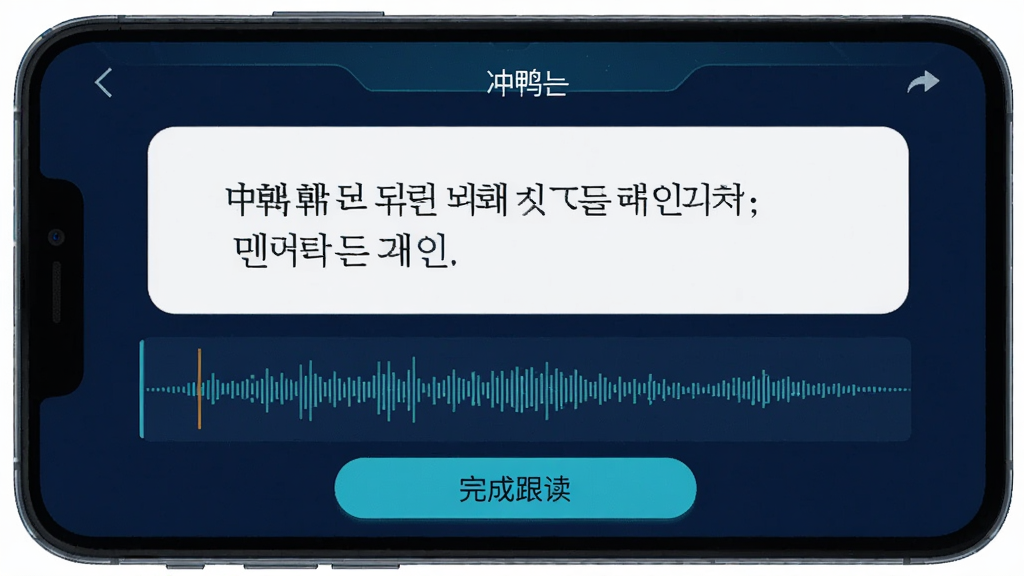 一张展示冲鸭韩语APP影子跟读功能界面的图片,屏幕中显示韩语对话句子,下方有波形图显示录音状态,底部有“完成跟读”按钮,界面风格科技感,主色调为深蓝和青色,画质清晰,干净无多余元素