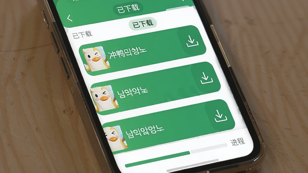一张展示冲鸭韩语APP离线下载与学习进度界面的图片,屏幕中显示课程列表,每个课程右侧有下载图标,顶部有“已下载”标签,底部有学习进度条,界面风格简洁,主色调为绿色和白色,画质清晰,干净无多余元素