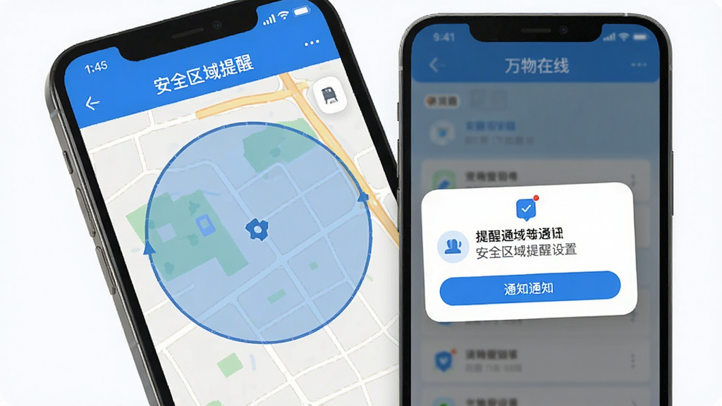 万物在线 安全区域提醒设置界面 地图上绘制圆形安全区域 提醒通知弹窗 手机屏幕展示 简洁蓝色风格 画质清晰 无多余元素