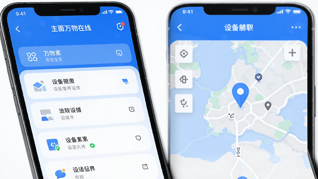 万物在线 手机应用界面展示 主页面布局 设备列表与地图定位 蓝色科技风格 简洁干净 画质清晰 无多余元素