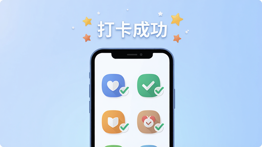 һ��չʾ��СС�ɾ͡��򿨹��ܵĲ廭������������һ���ֻ�����Ļ����ʾ�����ɫϰ��ͼ���������У�ÿ��ͼ������һ����ѡ��ǣ��ֻ��Ϸ�Ư���š��򿨳ɹ�������������װ�Ρ�����Ϊ��͵Ľ�����ɫ�����Ϊ�ִ���ƽ����ƣ�ϸ�ھ��£����������ɾ����޶���Ԫ�ء�