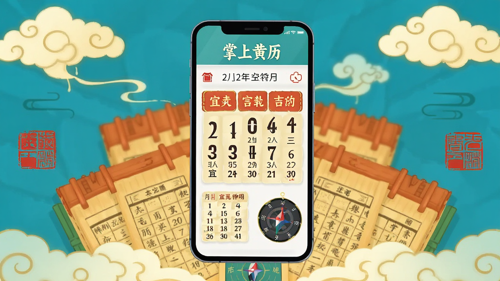 画面中央展示一部智能手机,手机屏幕中清晰显示“掌上黄历”应用界面,界面包含农历日期、宜忌事项与罗盘图标,手机周围环绕着传统中国风的祥云、老黄历书页与红色印章元素,布局采用中心对称构图,风格为扁平化插画,细节上突出日历数字与吉凶文字,画质清晰,干净,无多余元素