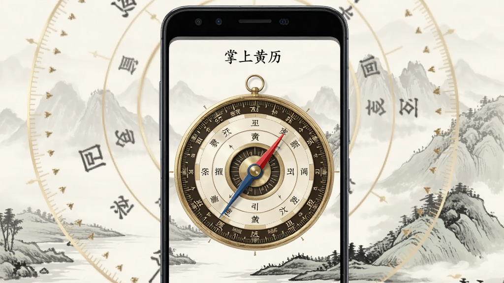 画面主体为一部安卓手机,屏幕显示“掌上黄历”的罗盘功能界面,罗盘刻度精细,指针指向清晰,背景为淡雅的中国风水墨山水,布局为手机居中、罗盘元素环绕,风格为写实与国风结合,细节上突出罗盘刻度与方位文字,画质高清,干净,无多余元素