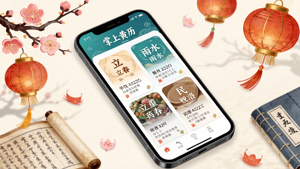 画面展示“掌上黄历”应用中的节气与民俗页面,手机屏幕显示立春、雨水等节气卡片与民俗文字介绍,周围点缀梅花、灯笼与书卷元素,布局为手机斜放、元素自然散落,风格为清新国潮插画,细节上突出节气名称与日期,画质清晰,干净,无多余元素