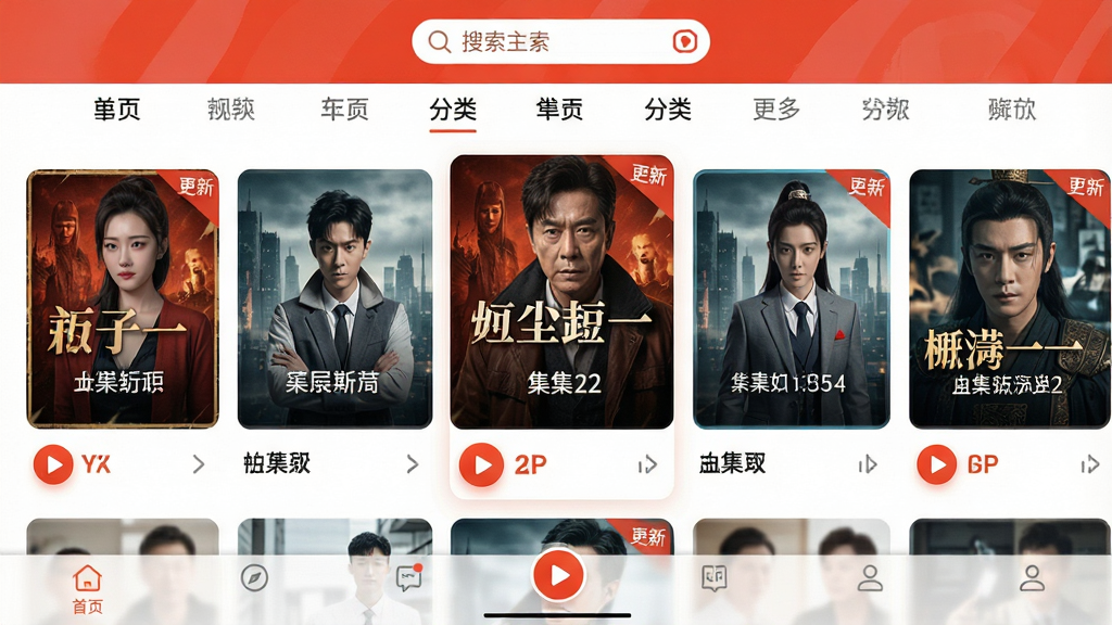 �쳾��Ѷ̾�APP�����棬���岼��Ϊ�����������ͷ����ǩ���м�Ϊ�������еĶ̾���濨Ƭ��ÿ�ſ�Ƭ���������ͼ������ײ�Ϊ�����˵�����������죬��ɫ��Ϊ�Ⱥ�ɫ���ɫ���䣬ϸ����չʾ���Ű�ť�͸��½Ǳ꣬���ʸ��壬�ɾ��޶���Ԫ��