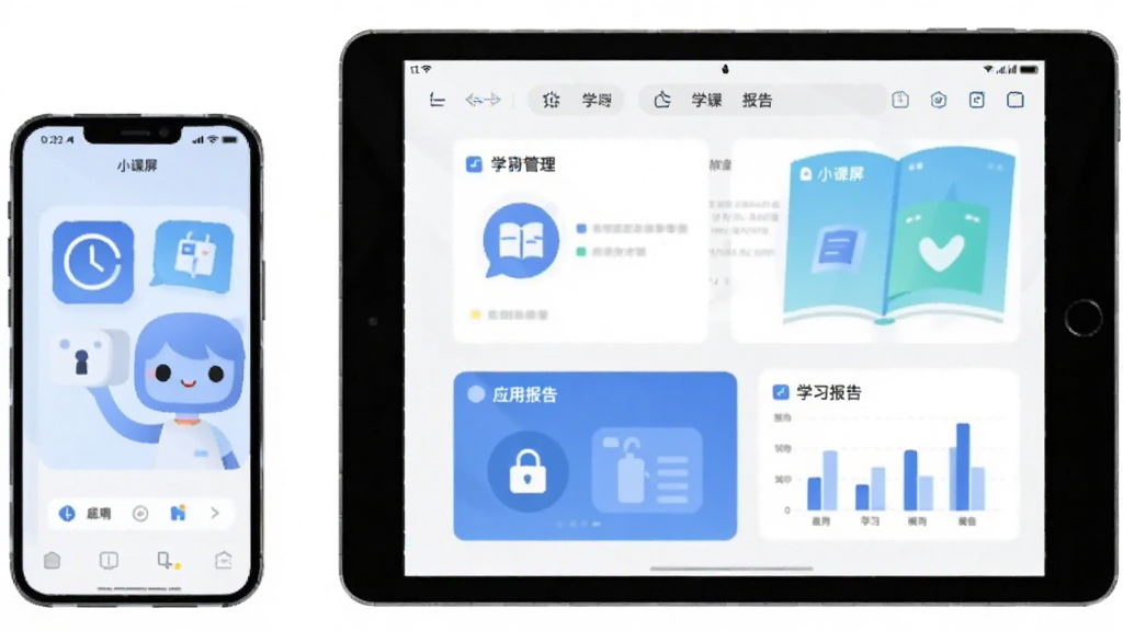 画面中央展示一部智能手机和一台学习平板并排摆放,手机屏幕上显示“小课屏”应用界面,平板屏幕显示学习内容,整体布局简洁对称,采用扁平化插画风格,色调以蓝白为主,细节包括时间管理图标、应用锁图标、学习报告图表,画质清晰,干净,无多余元素