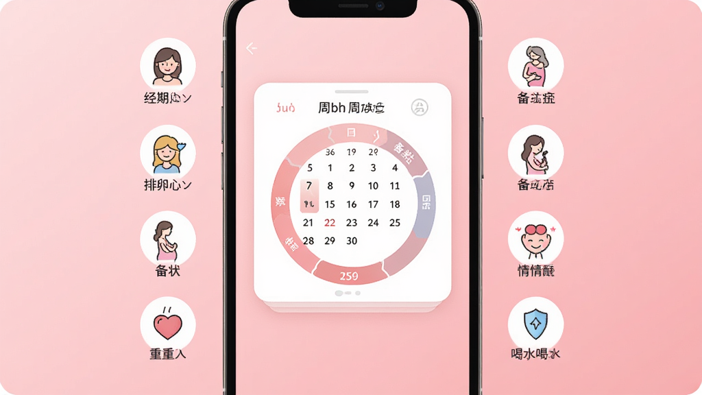 女生日历应用主界面,柔和粉色渐变背景,中央显示日历卡片与周期圆环,周围环绕小图标表示经期、排卵、备孕、怀孕、育儿、症状、情绪、体重、喝水提醒,整体布局清爽,排版居中,风格温馨治愈,细节精致,画质高清,干净无多余元素