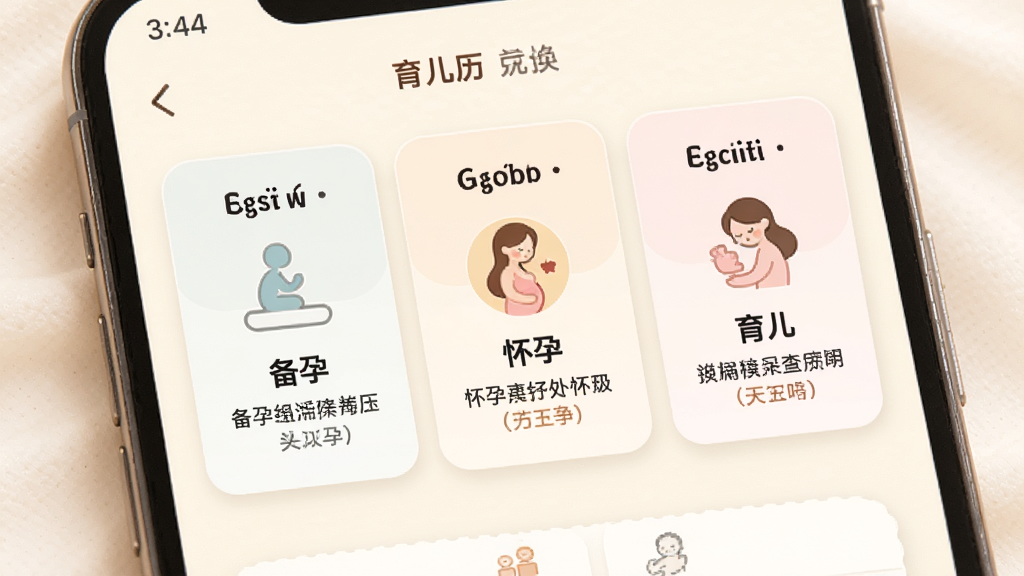 女生日历备孕怀孕育儿模式切换界面,手机屏幕显示三个模式卡片,分别标注备孕、怀孕、育儿,每个卡片有对应图标和简要说明,背景为温暖的米白色,布局卡片式排列,风格亲切柔和,细节精致,画质高清,干净无多余元素