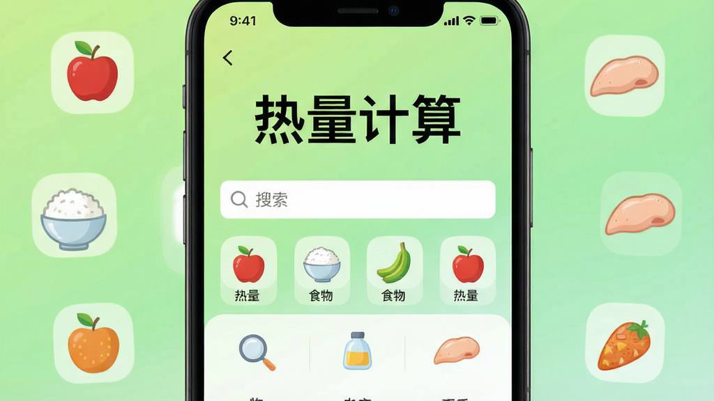 一张展示热量计算软件主界面的手机屏幕截图,画面中央是搜索框和食物分类图标,背景为清新的浅绿色渐变,屏幕上显示“热量计算”四个大字,周围环绕着苹果、米饭、鸡胸肉等食物小图标,整体风格简洁明快,画质清晰,干净无多余元素
