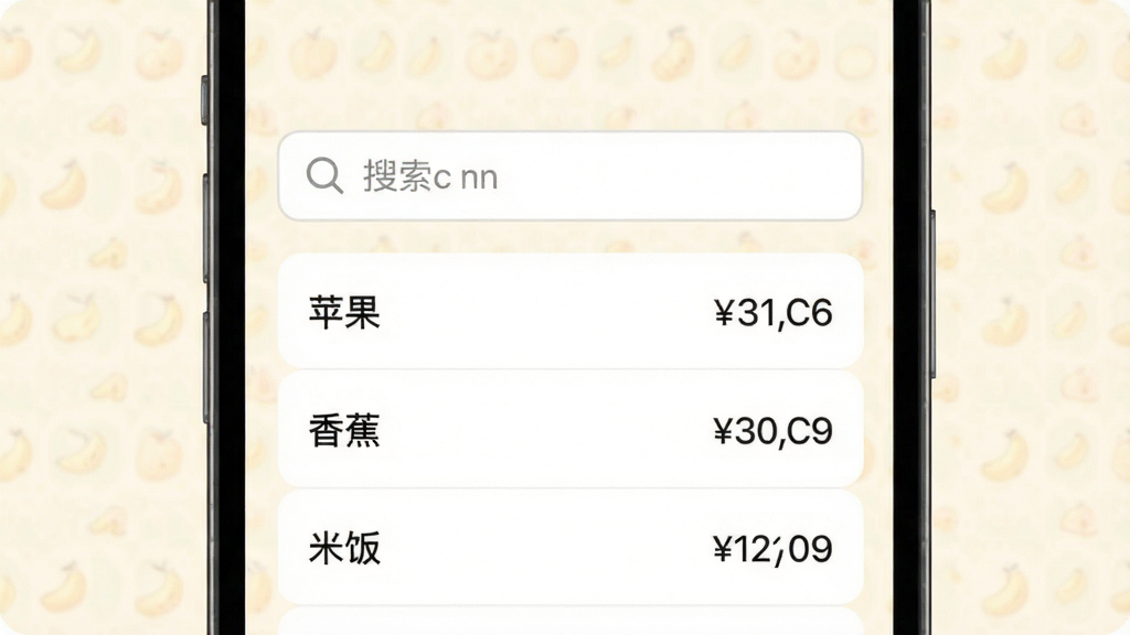 热量计算软件搜索界面截图,手机屏幕中央是搜索框,下方显示“苹果”“香蕉”“米饭”等搜索结果列表,每条结果右侧有热量数值,背景为柔和米白色,界面干净整洁,画质清晰,无多余装饰元素