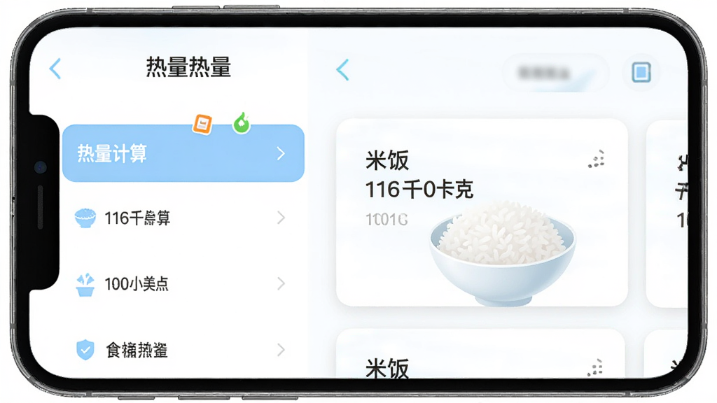 一款名为“热量计算”的手机应用界面,画面中左侧是分类列表,右侧是食物热量卡片,卡片上写着“米饭 116千卡/100克”,背景为纯白色,搭配淡蓝色点缀,风格清爽,细节清晰,画质干净,无多余元素