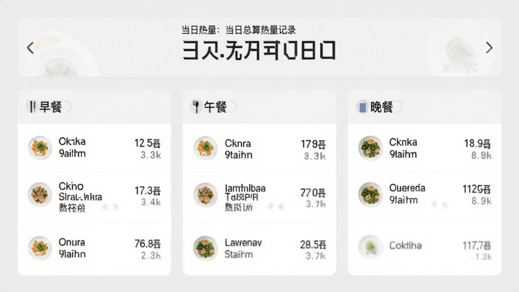 热量计算应用内的每日饮食记录页面,画面显示早餐、午餐、晚餐三个板块,每个板块下方列有食物名称和对应热量,顶部有当日总热量汇总数字,背景为浅灰色,界面布局清晰,风格简约,画质干净,无多余元素