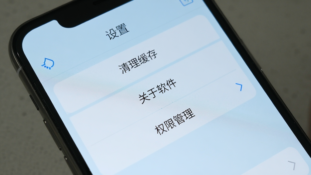 一部手机屏幕显示热量计算软件的设置页面,页面上有“清理缓存”“关于软件”“权限管理”等选项,背景为淡蓝色,界面简洁,风格干净,画质清晰,无多余元素