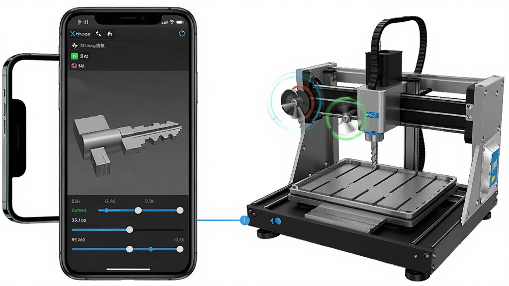 Xhorse��������3D CNC������������Ľ��棬����Ϊ�ֻ���Ļ��ʾ��άԿ��ģ��������豸������Ϊ����ֻ��Ҳ�������Ű����ҶԱȣ����Ϊ��ҵ���Ƽ����ϸ�ڰ��������е�ṹ��������ת��������άԿ�׳����������������ڻ��飬���ʸ��壬�ɾ����޶���Ԫ��